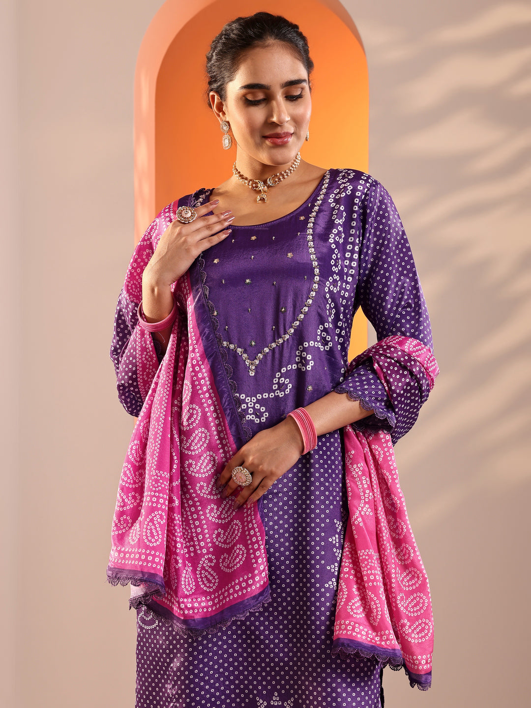 Purple Printed Chinon Straight Suit Set With Dupatta