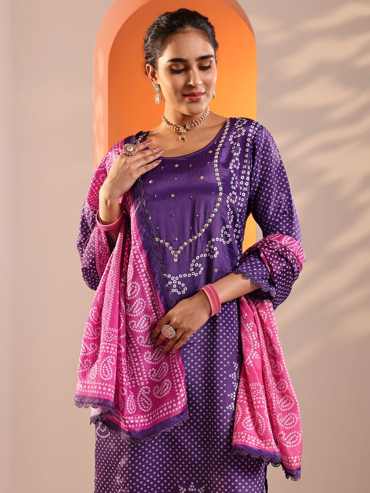 Purple Printed Chinon Straight Suit Set With Dupatta