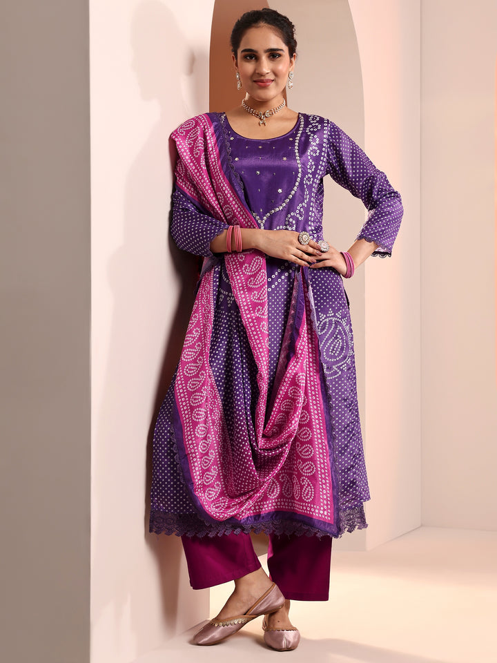 Purple Printed Chinon Straight Suit Set With Dupatta