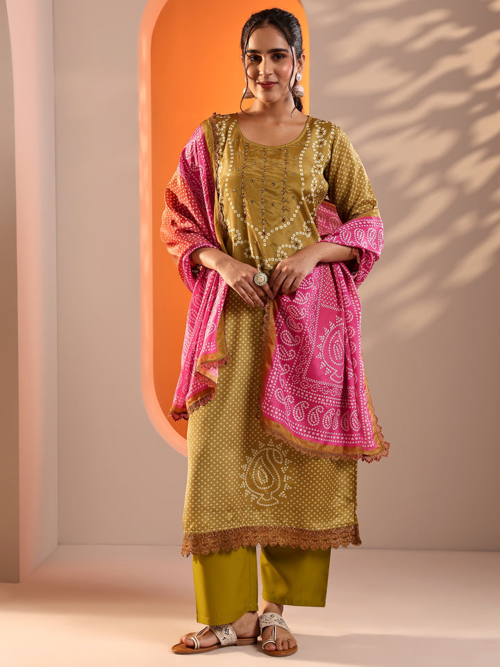 Mustard Printed Chinon Straight Suit Set With Dupatta
