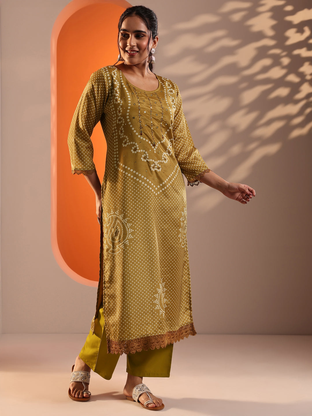 Mustard Printed Chinon Straight Suit Set With Dupatta