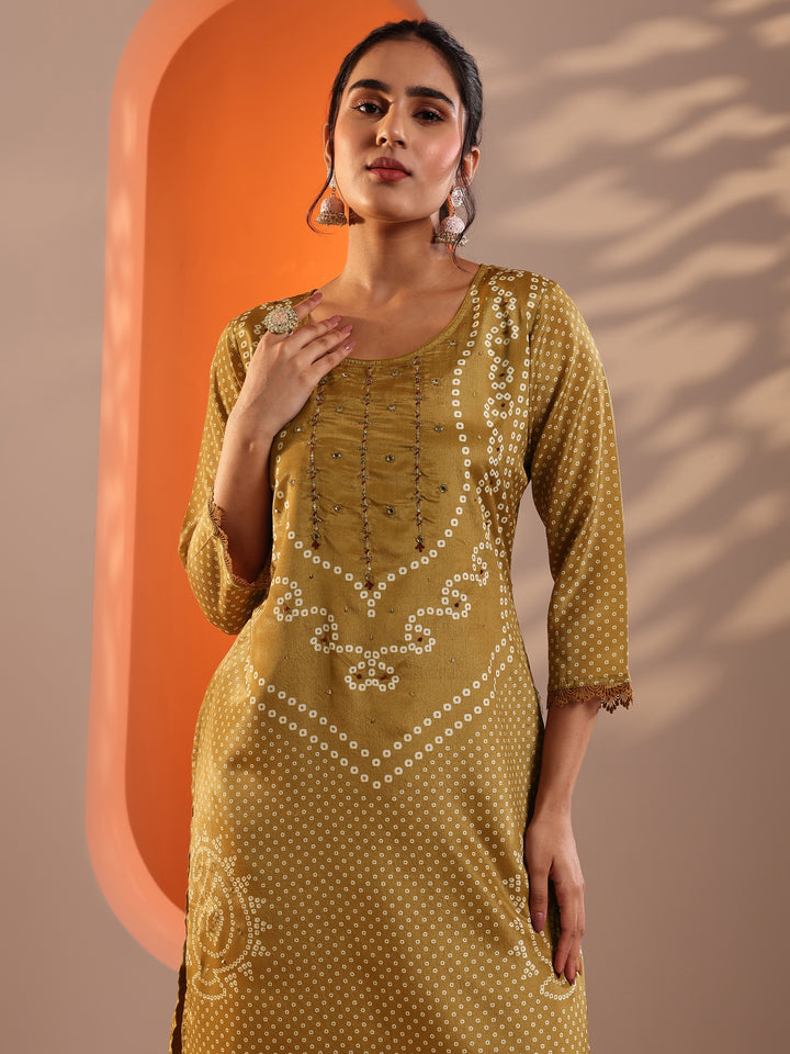 Mustard Printed Chinon Straight Suit Set With Dupatta