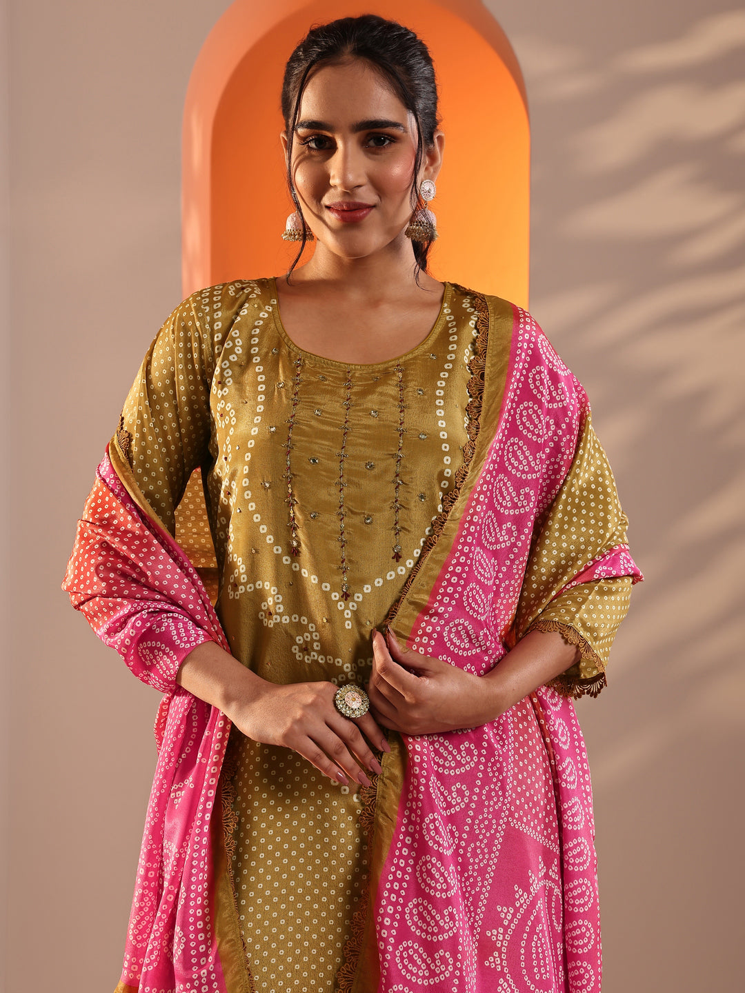 Mustard Printed Chinon Straight Suit Set With Dupatta