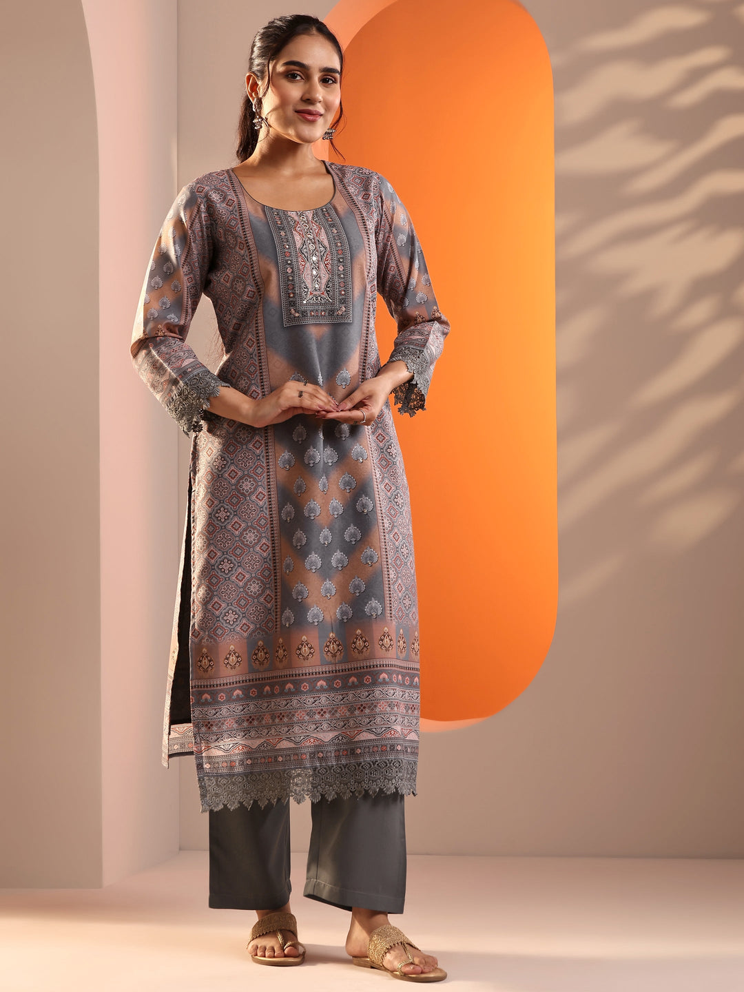 Grey Embroidered Crepe Straight Suit Set With Dupatta