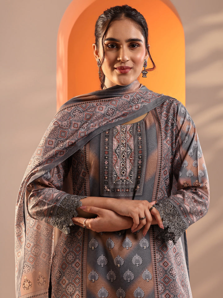 Grey Embroidered Crepe Straight Suit Set With Dupatta