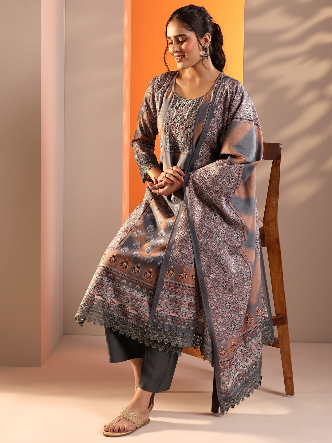 Grey Embroidered Crepe Straight Suit Set With Dupatta