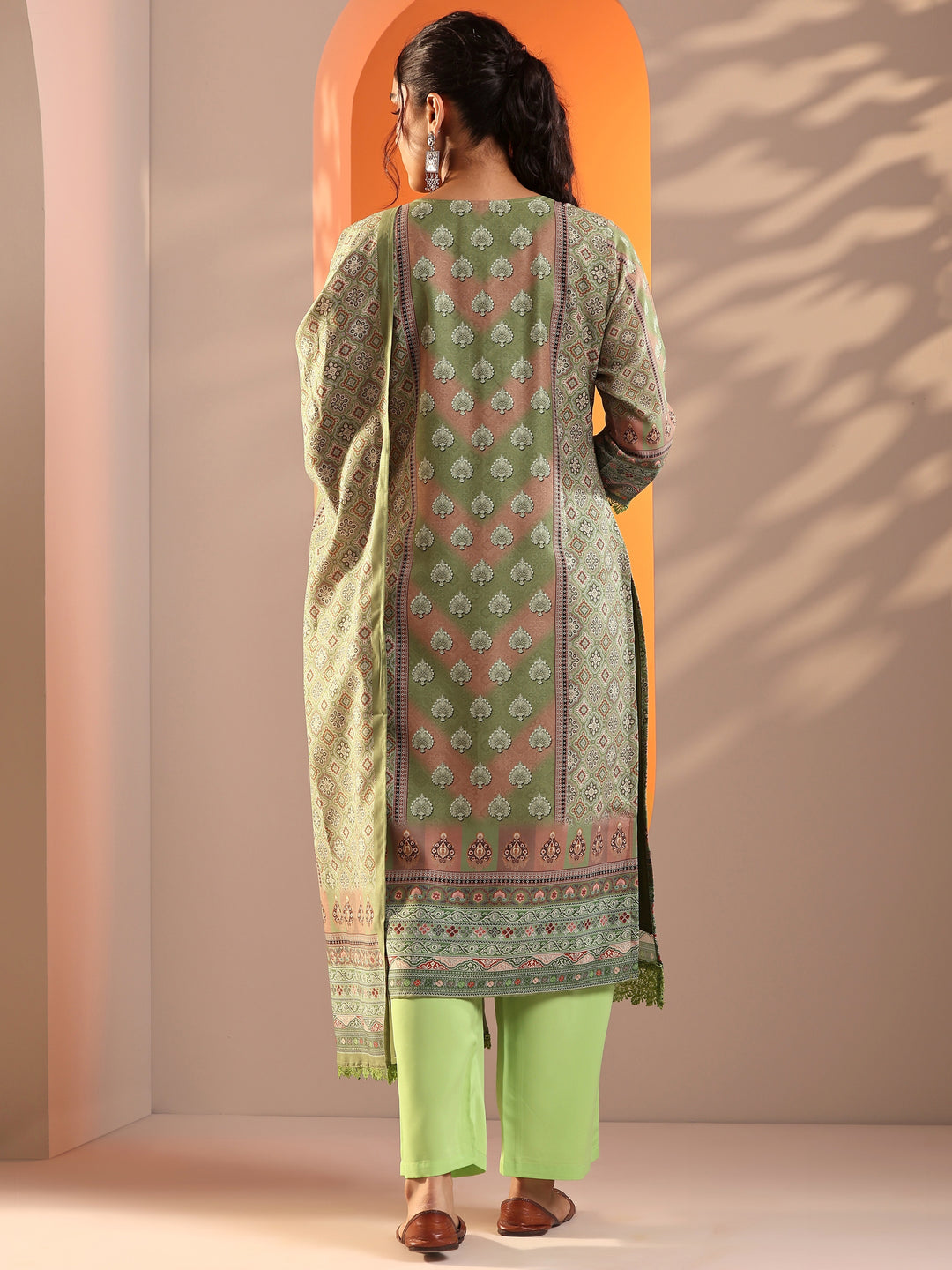 Green Embellished Crepe Straight Suit Set With Dupatta