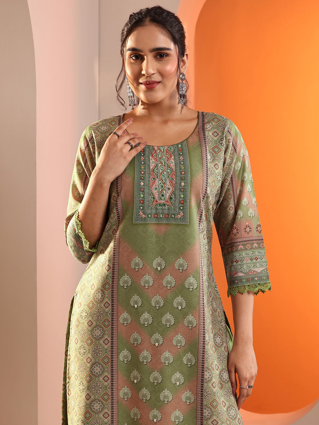 Green Embellished Crepe Straight Suit Set With Dupatta