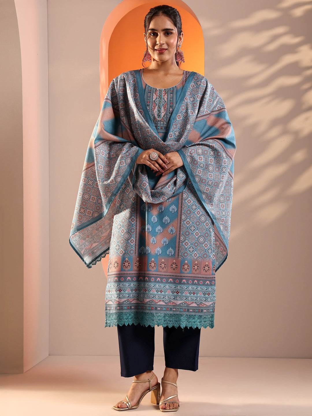 Blue Embellished Crepe Straight Suit Set With Dupatta