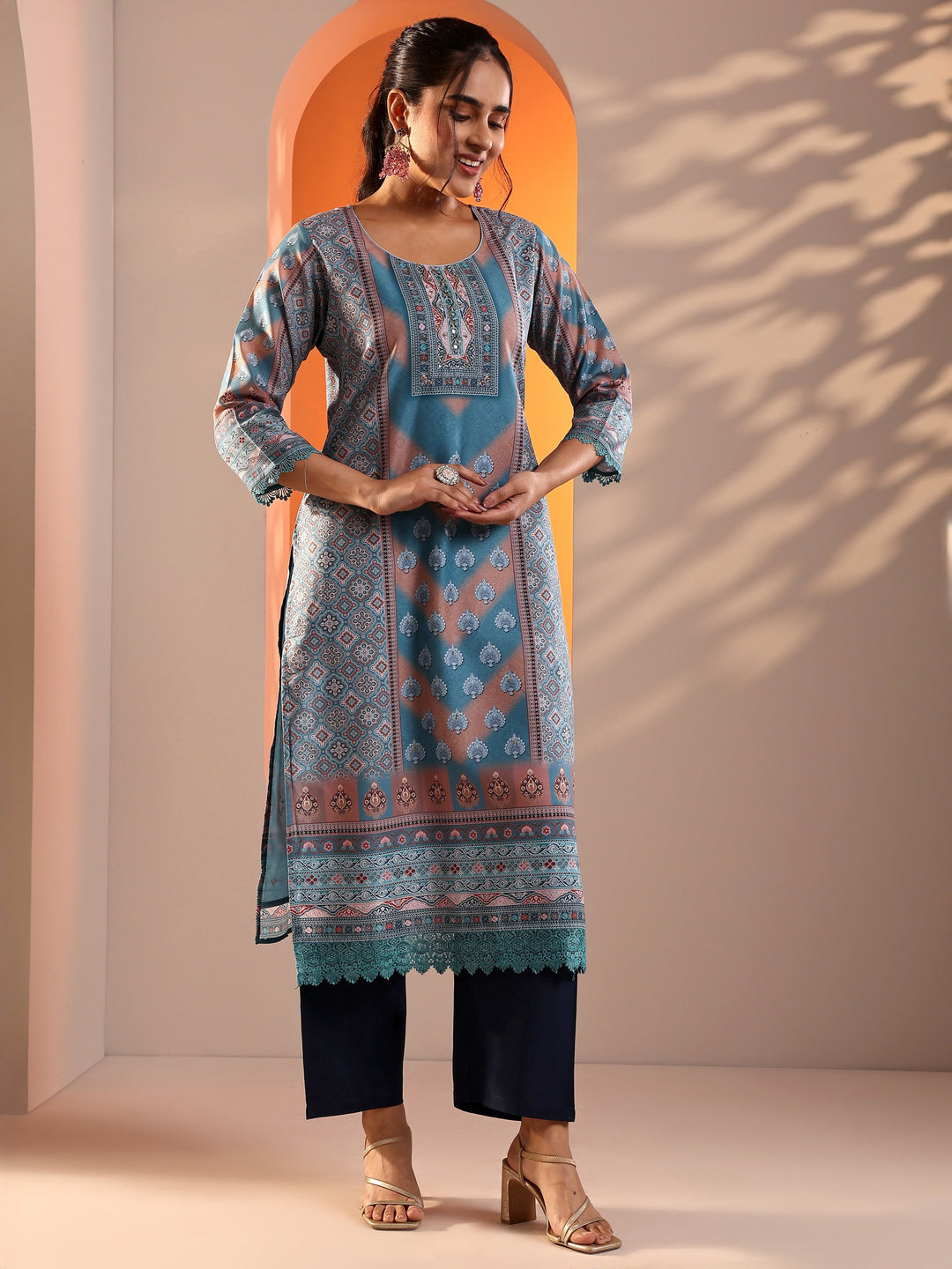 Blue Embellished Crepe Straight Suit Set With Dupatta