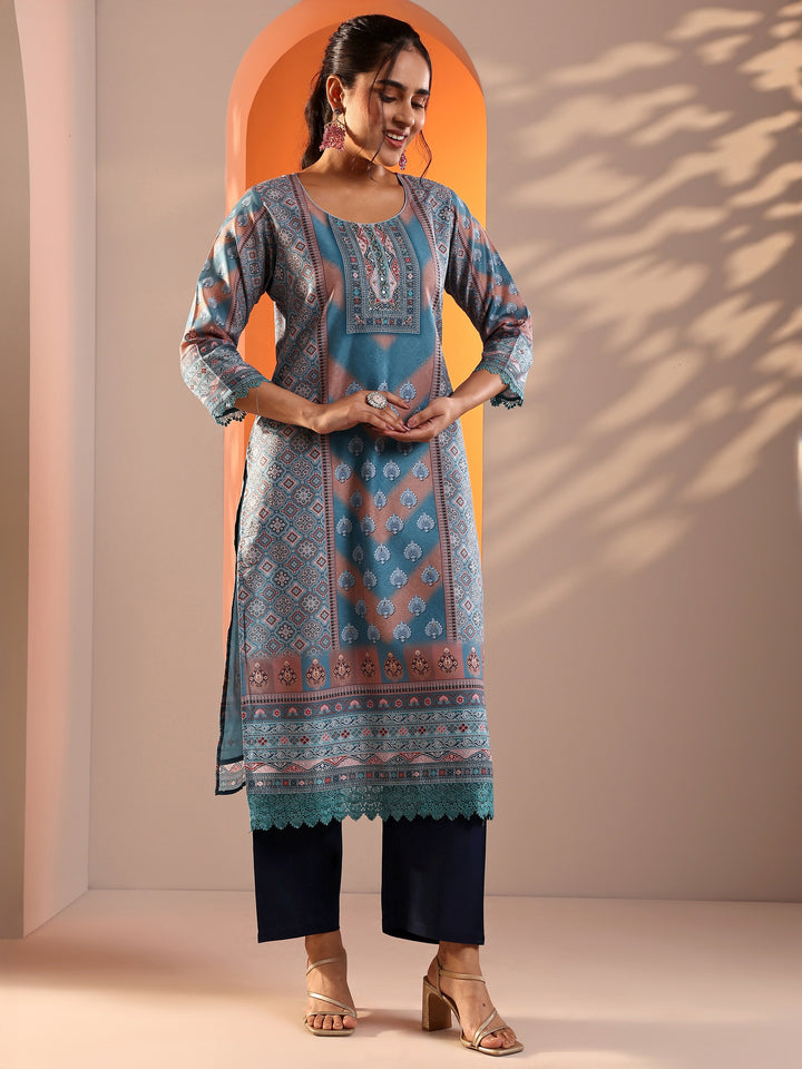 Blue Embellished Crepe Straight Suit Set With Dupatta