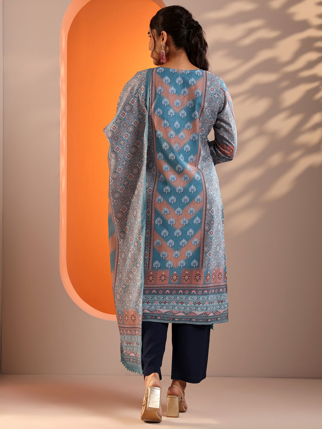 Blue Embellished Crepe Straight Suit Set With Dupatta