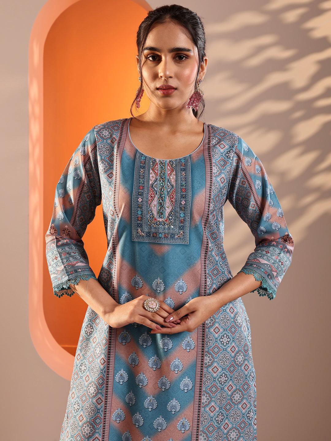 Blue Embellished Crepe Straight Suit Set With Dupatta