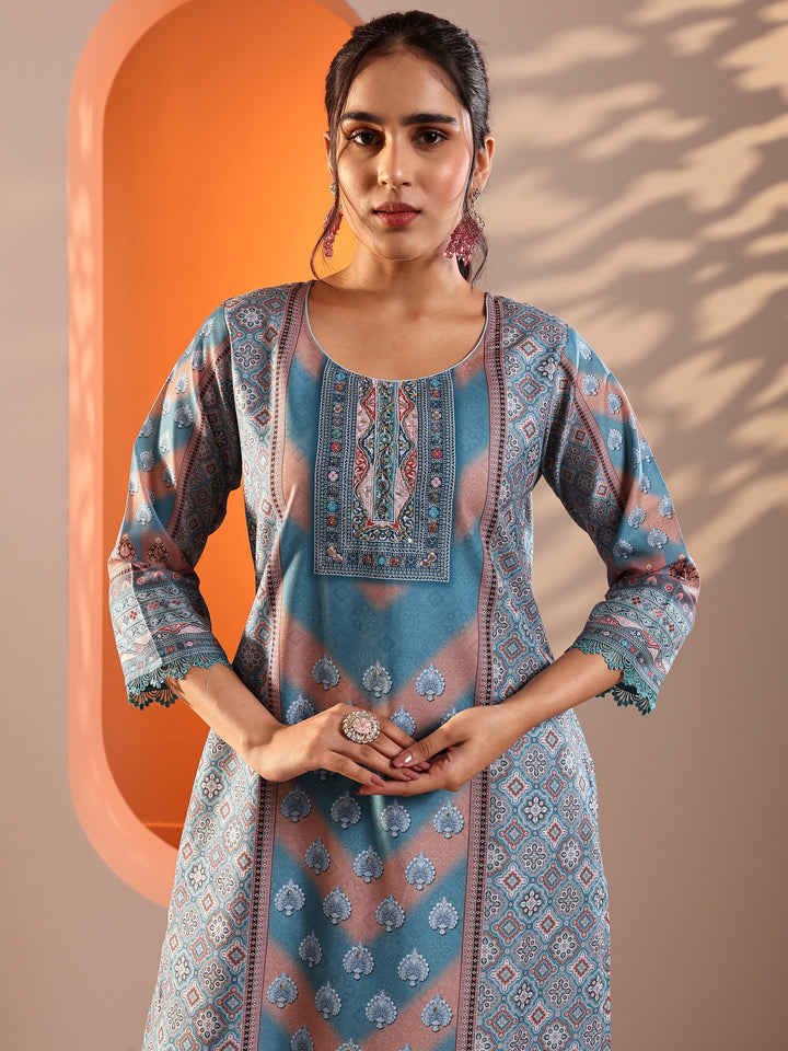 Blue Embellished Crepe Straight Suit Set With Dupatta