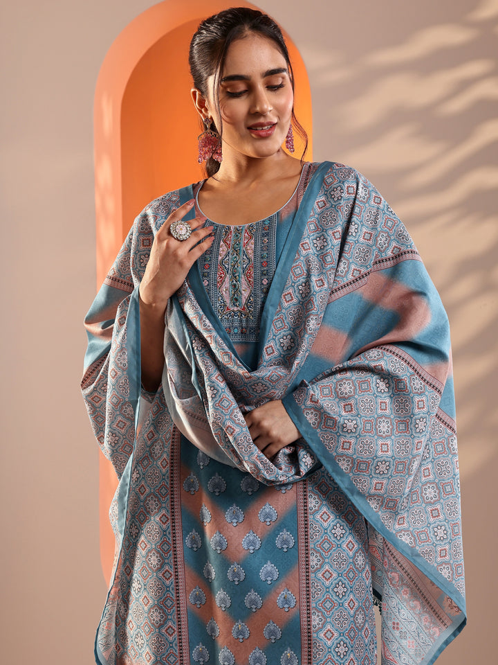 Blue Embellished Crepe Straight Suit Set With Dupatta