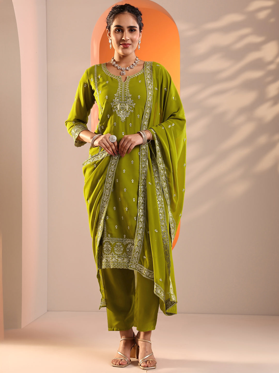Green Embellished Georgette Straight Suit Set With Dupatta