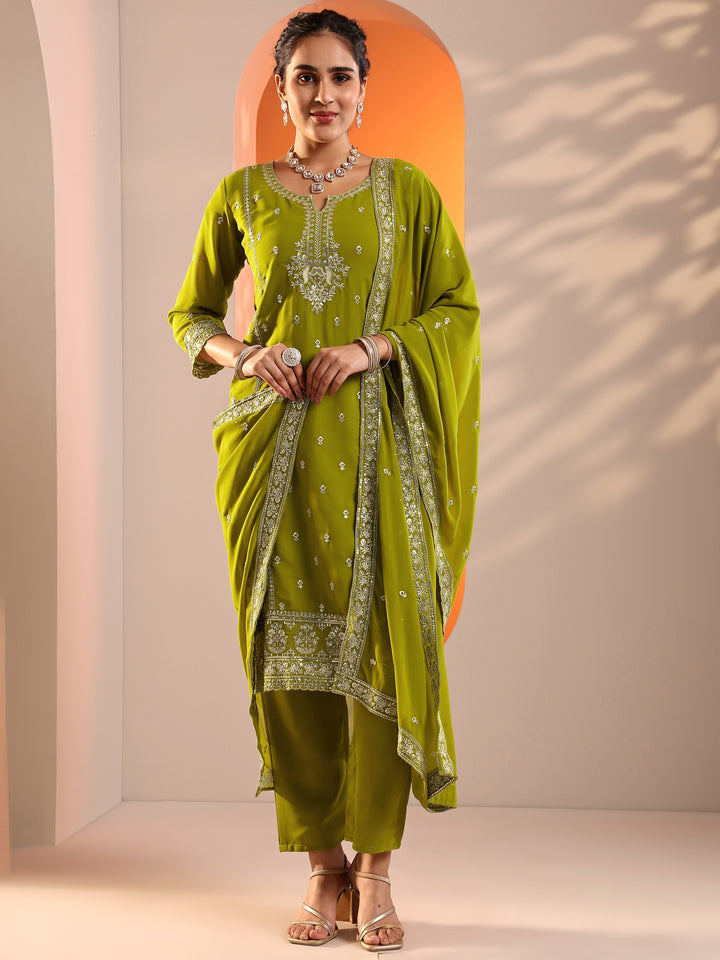 Green Embellished Georgette Straight Suit Set With Dupatta