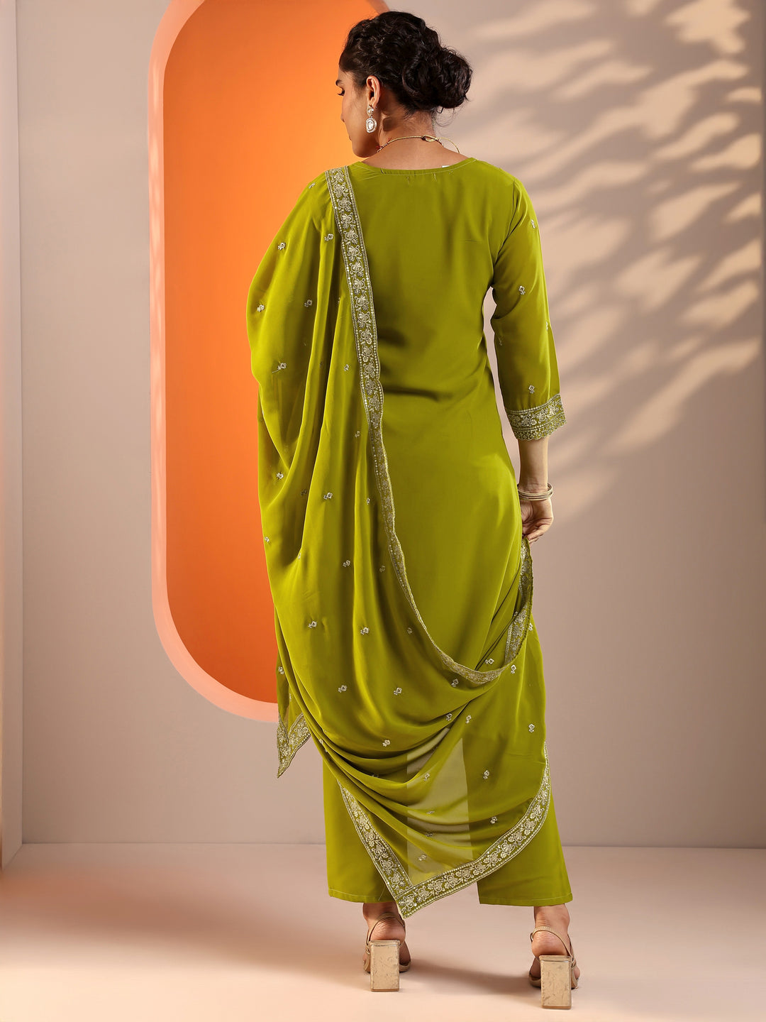 Green Embellished Georgette Straight Suit Set With Dupatta