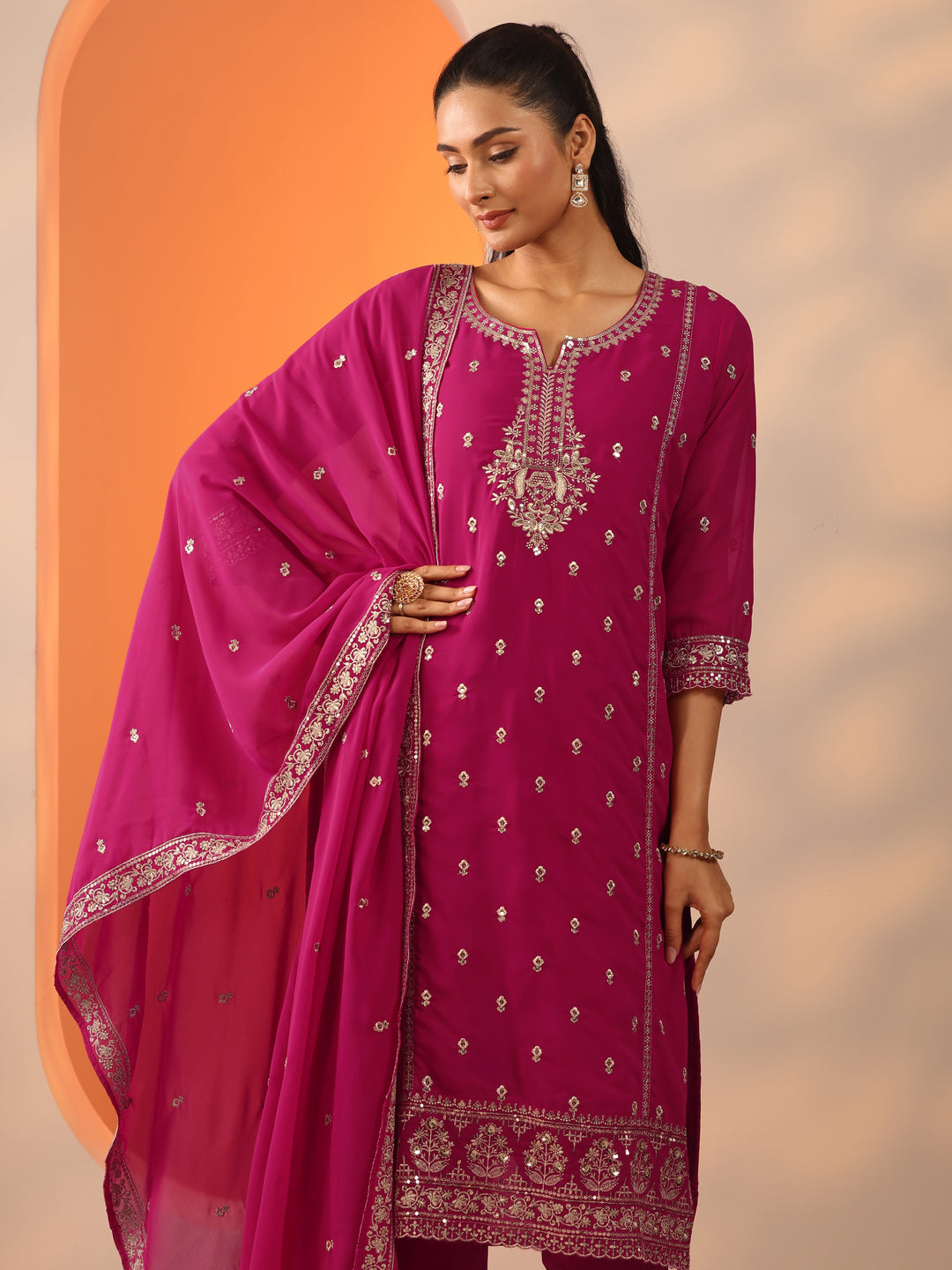 Pink Embellished Georgette Straight Suit Set With Dupatta