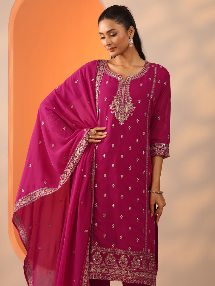 Pink Embellished Georgette Straight Suit Set With Dupatta