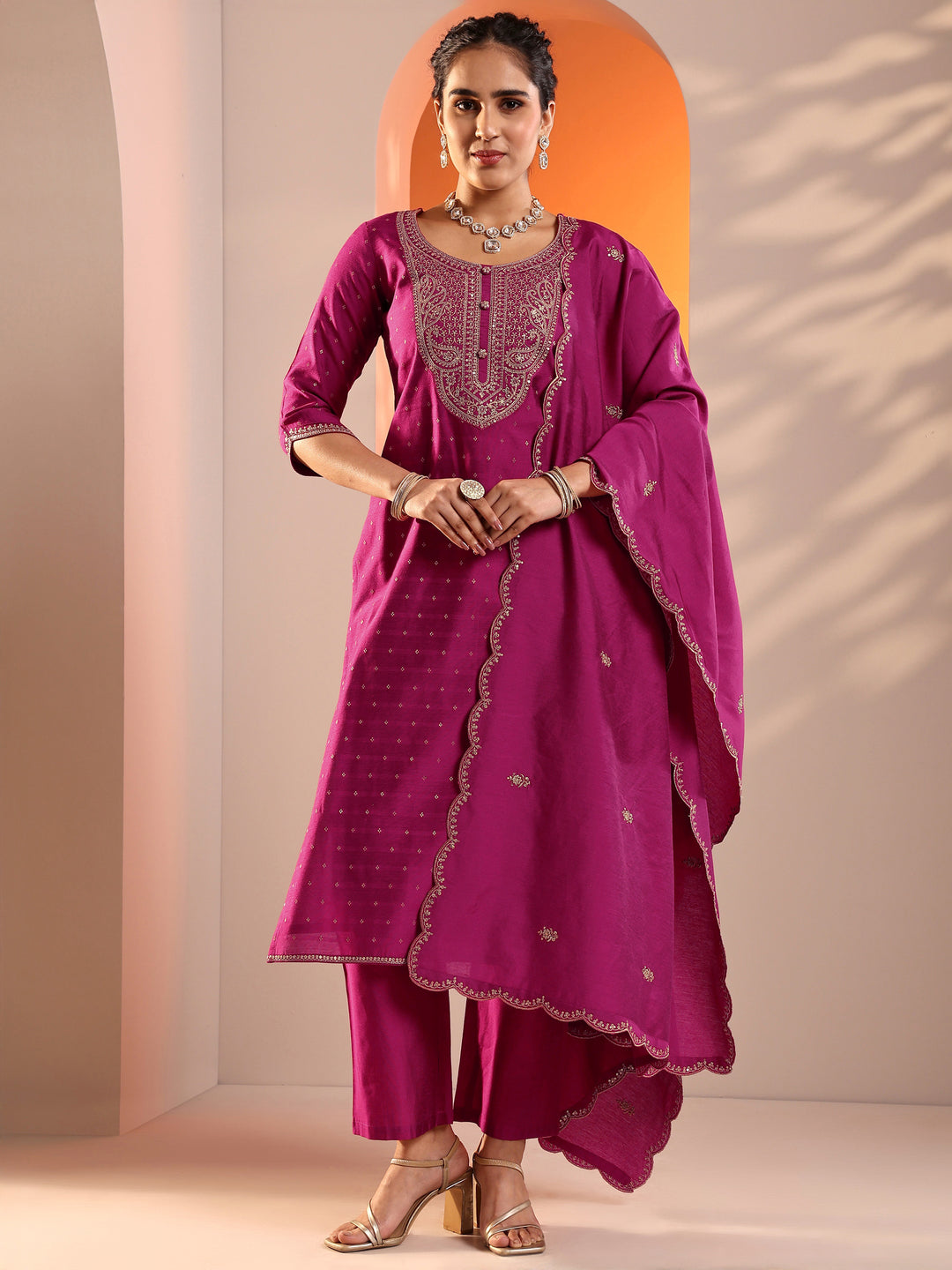 Magenta Embellished Silk Blend Straight Suit Set With Dupatta