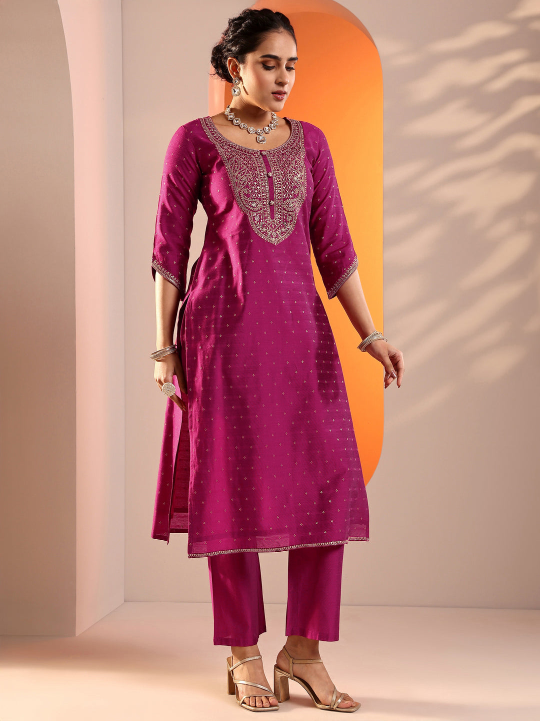 Magenta Embellished Silk Blend Straight Suit Set With Dupatta