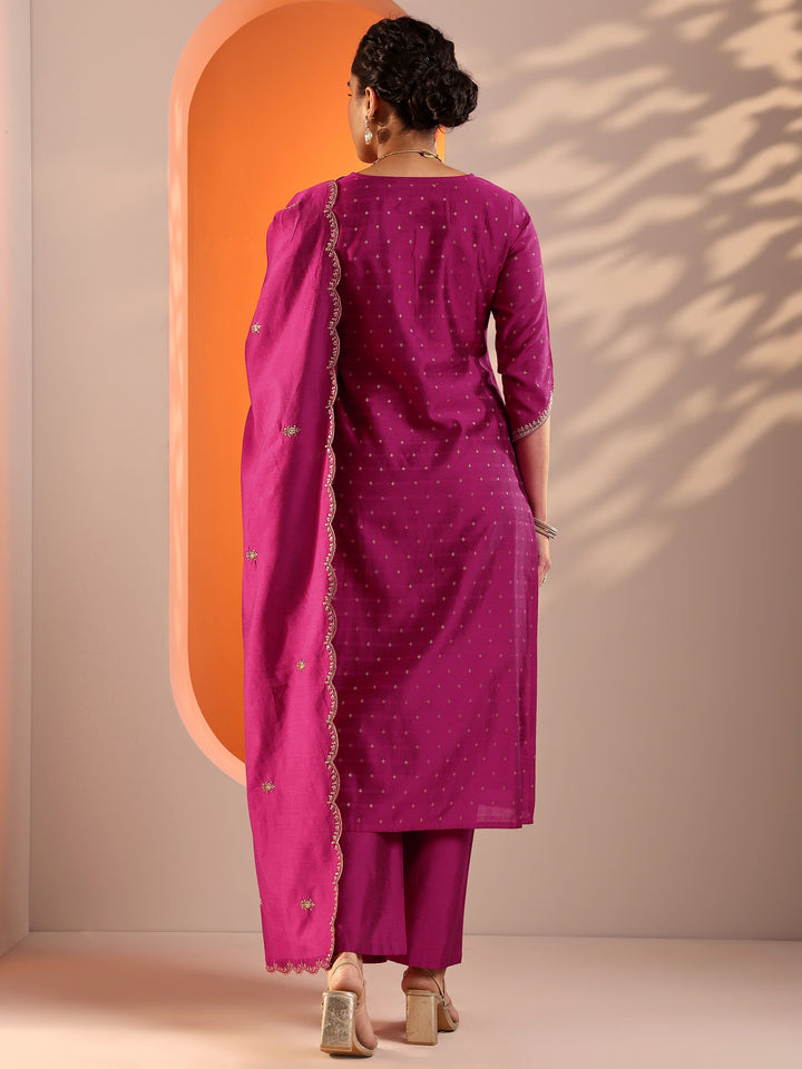 Magenta Embellished Silk Blend Straight Suit Set With Dupatta