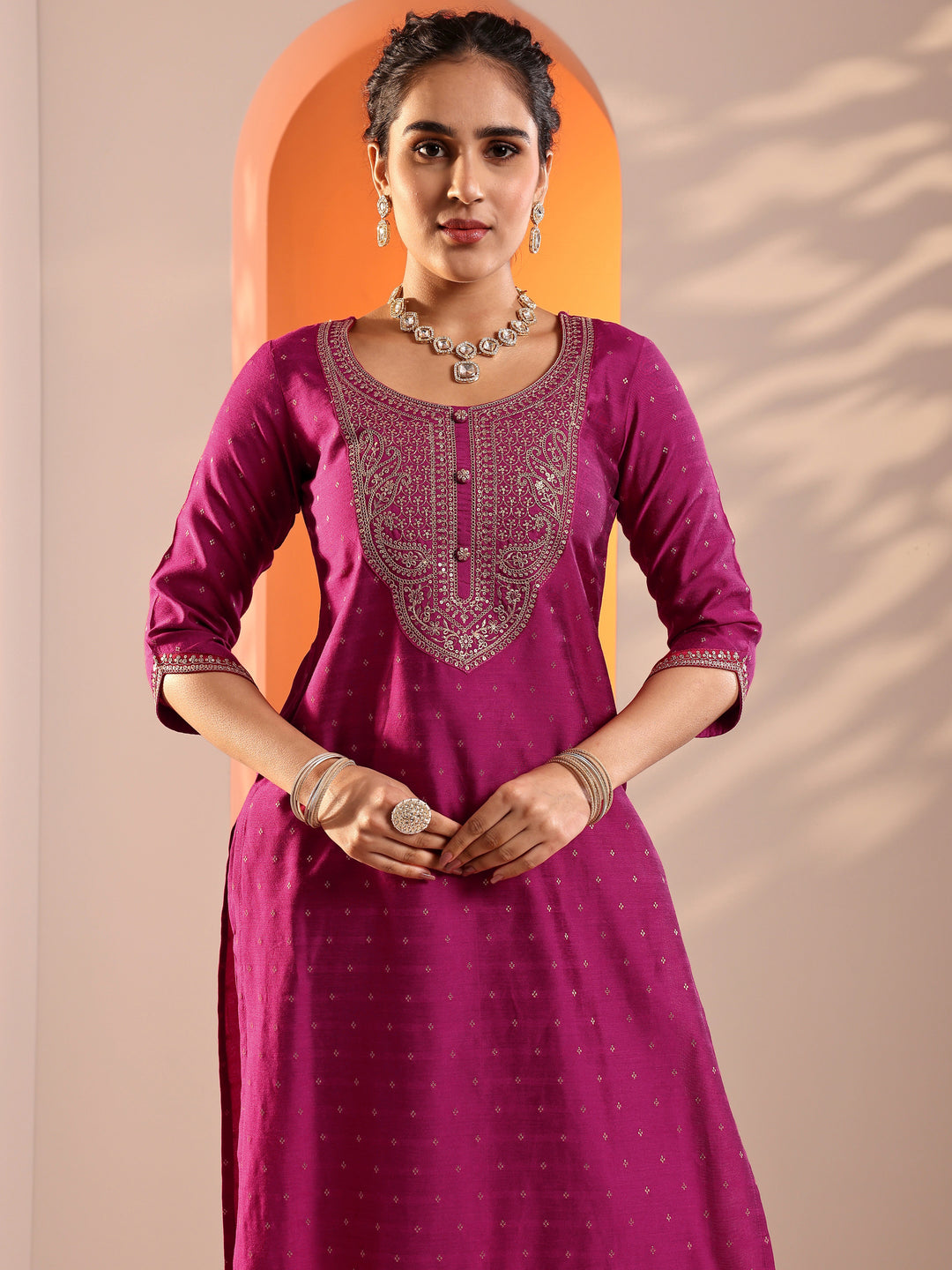 Magenta Embellished Silk Blend Straight Suit Set With Dupatta