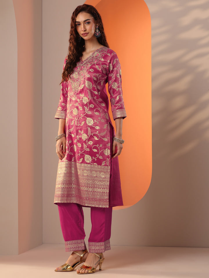 Pink Embellished Silk Blend Straight Suit Set With Dupatta