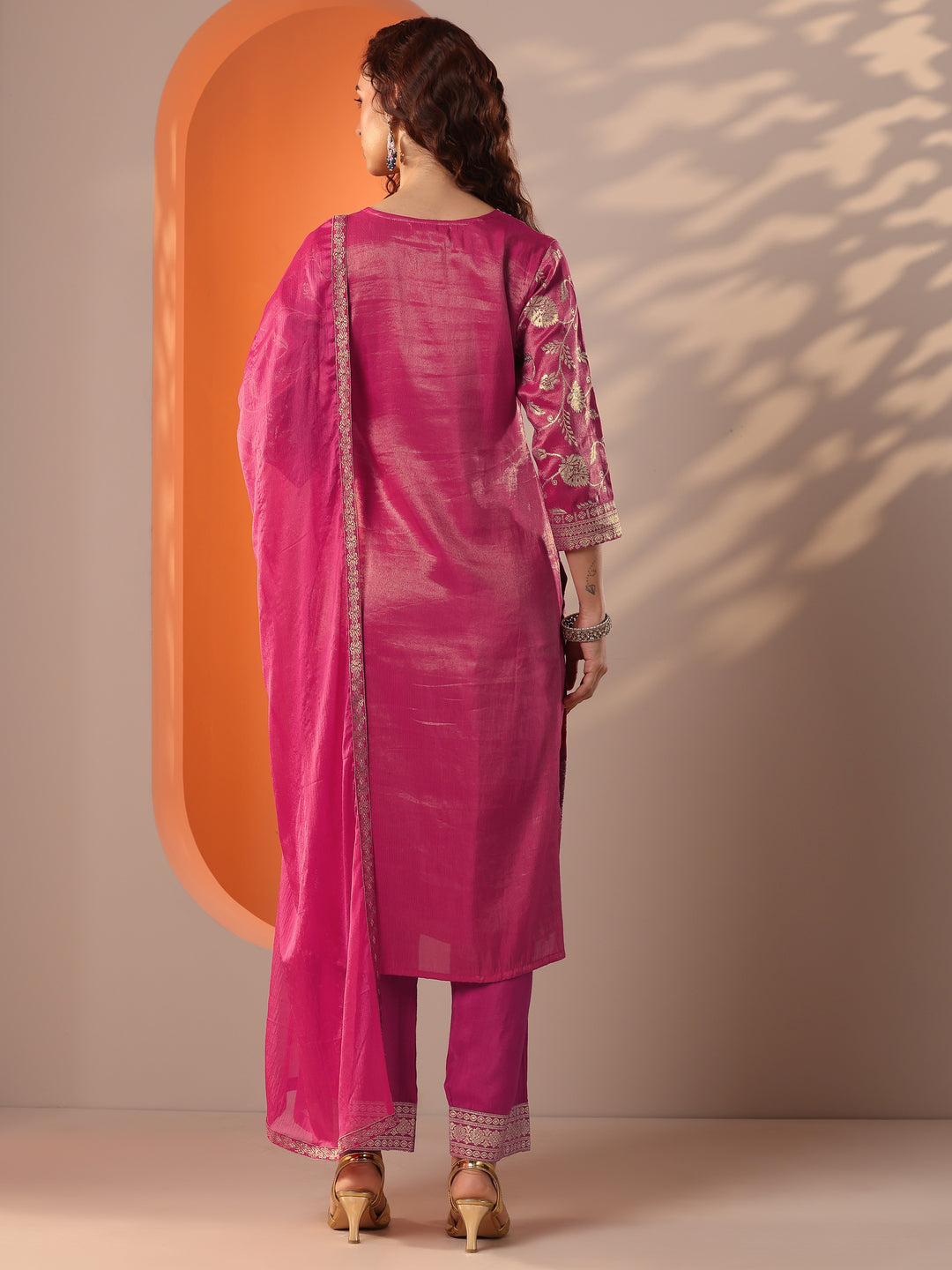 Pink Embellished Silk Blend Straight Suit Set With Dupatta