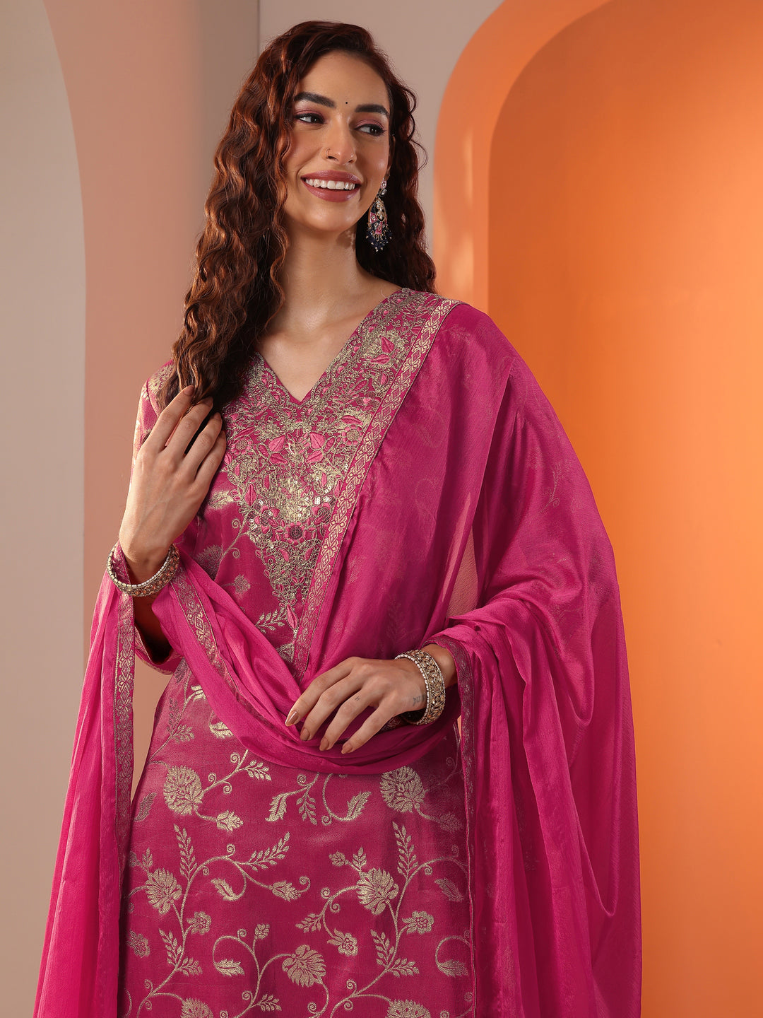 Pink Embellished Silk Blend Straight Suit Set With Dupatta