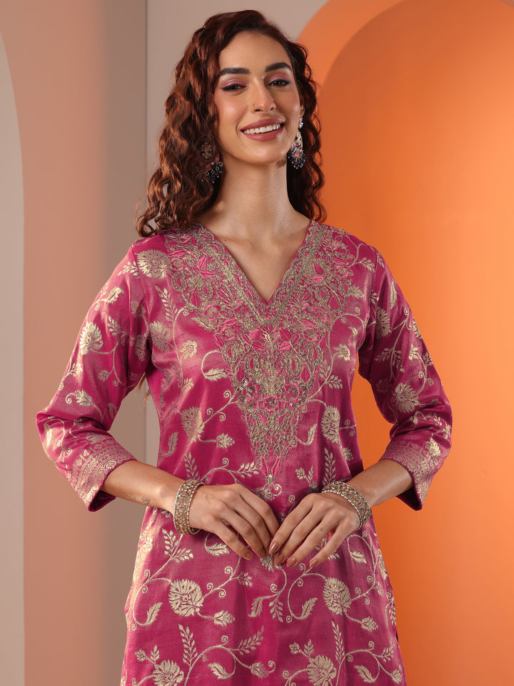 Pink Embellished Silk Blend Straight Suit Set With Dupatta