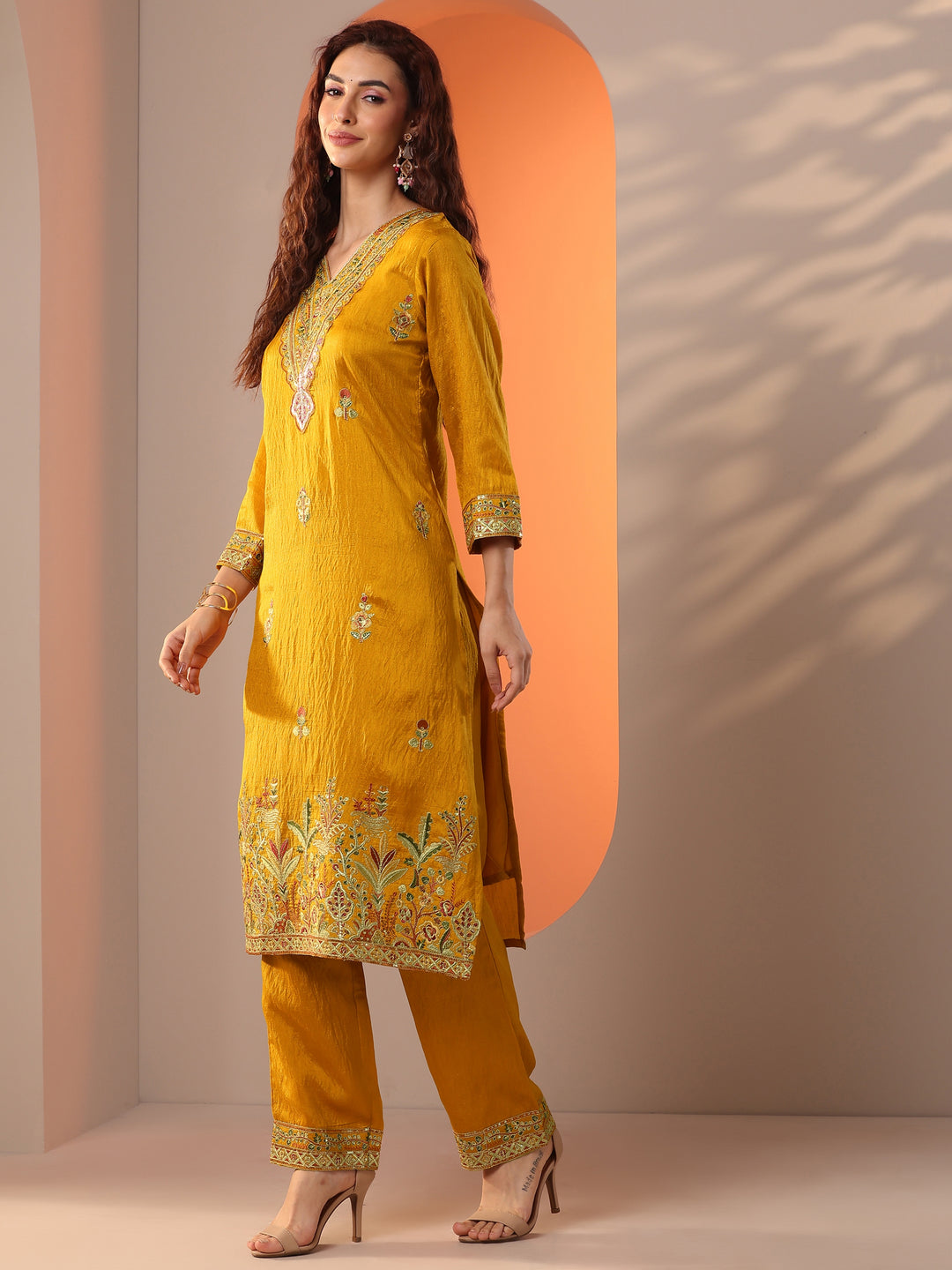 Mustard Embroidered Silk Blend Straight Suit Set With Dupatta