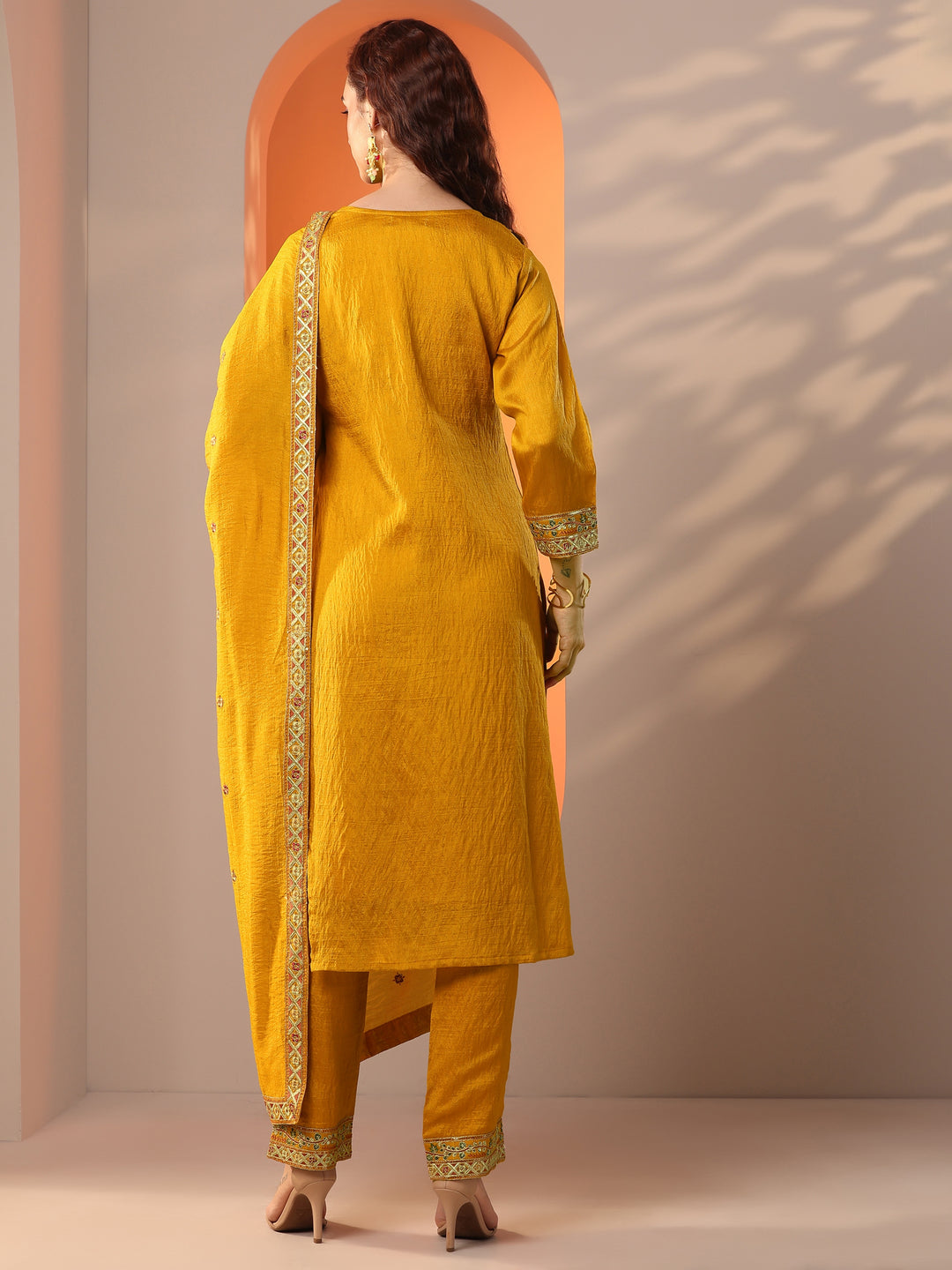 Mustard Embroidered Silk Blend Straight Suit Set With Dupatta