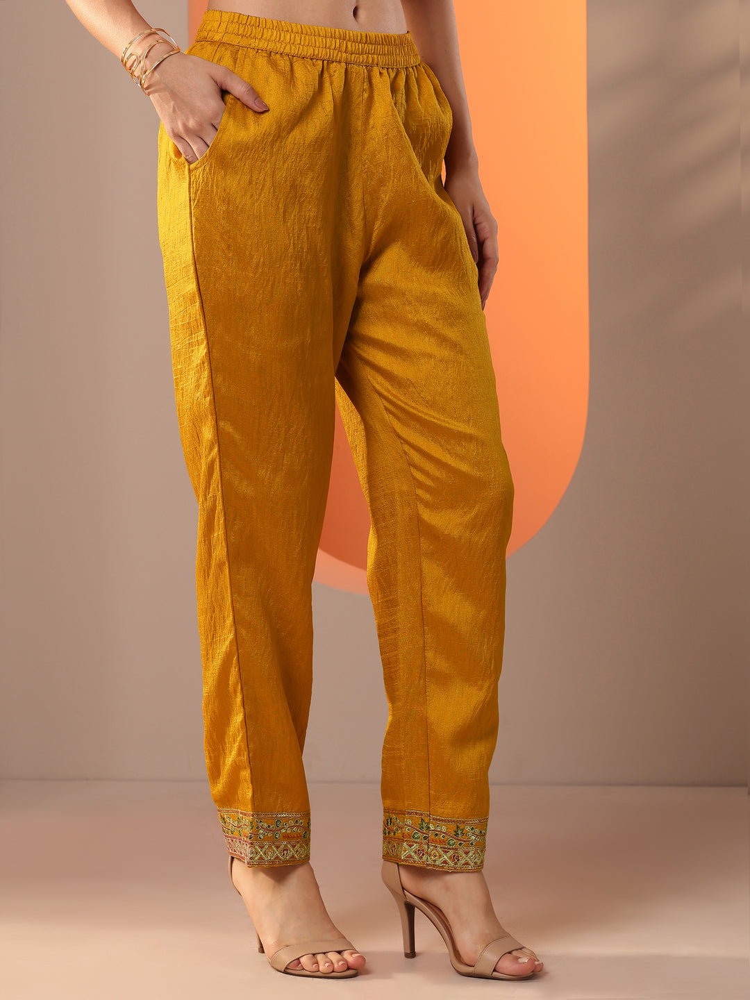 Mustard Embroidered Silk Blend Straight Suit Set With Dupatta