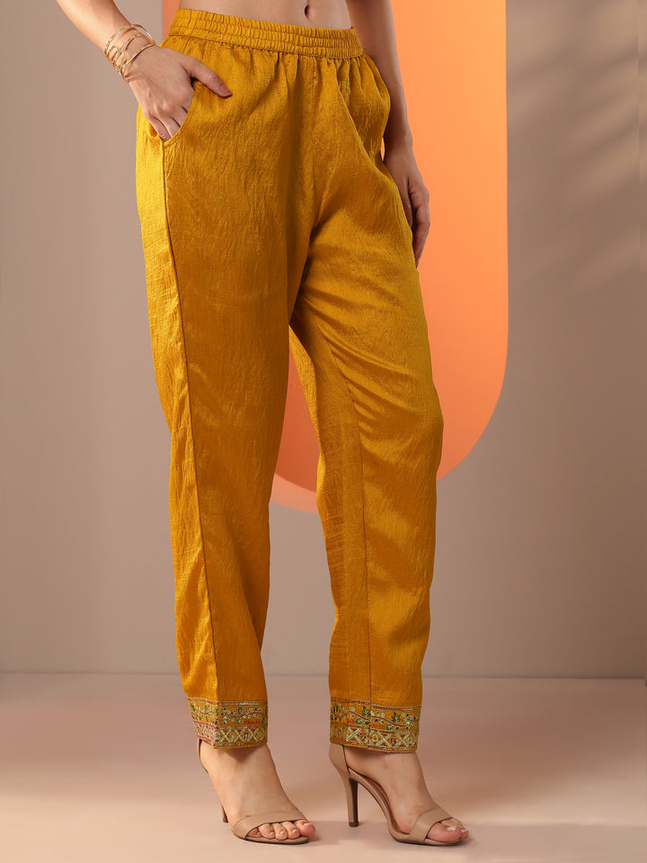 Mustard Embroidered Silk Blend Straight Suit Set With Dupatta