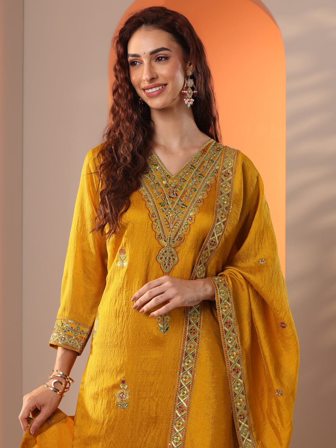 Mustard Embroidered Silk Blend Straight Suit Set With Dupatta