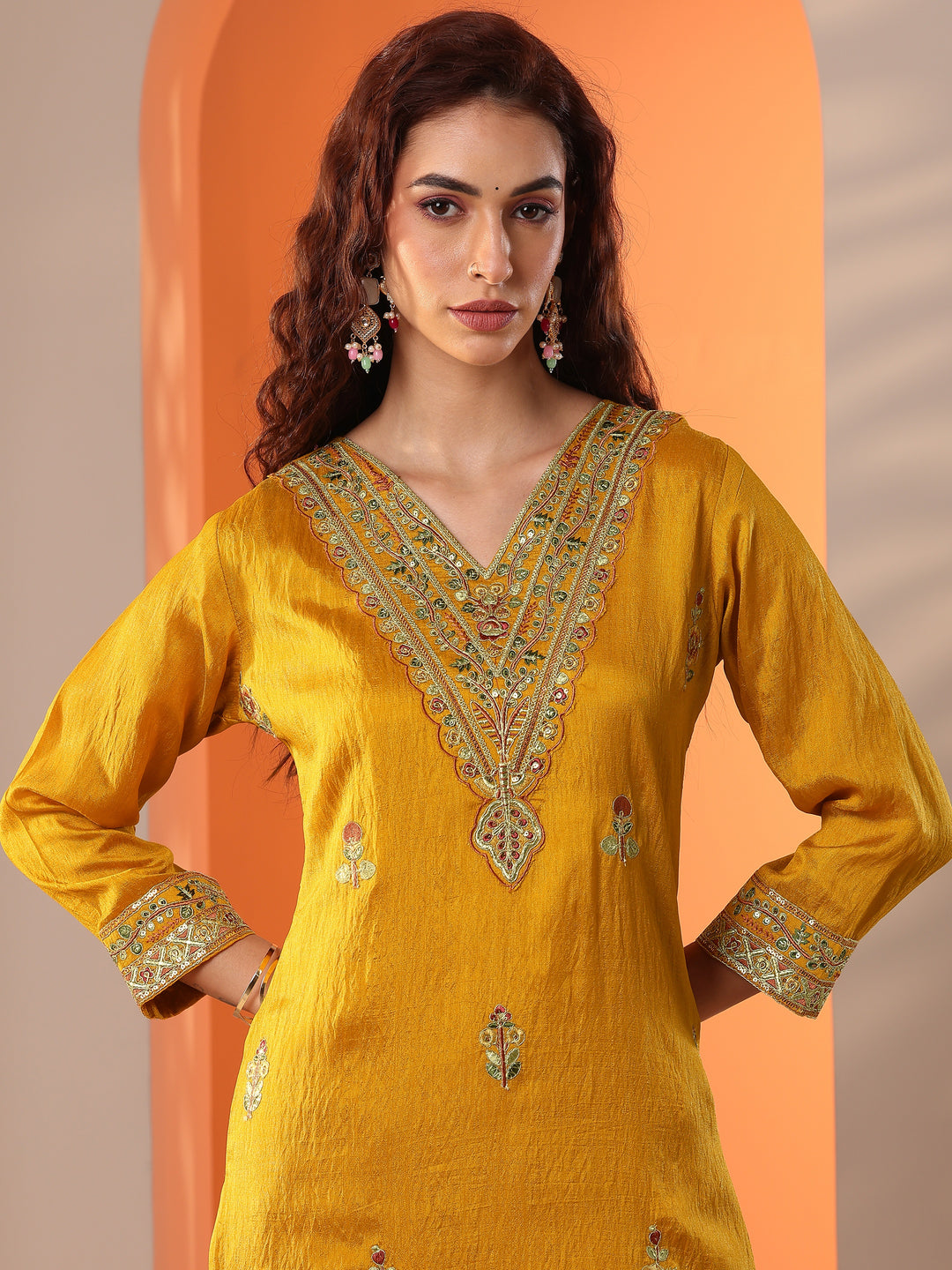 Mustard Embroidered Silk Blend Straight Suit Set With Dupatta