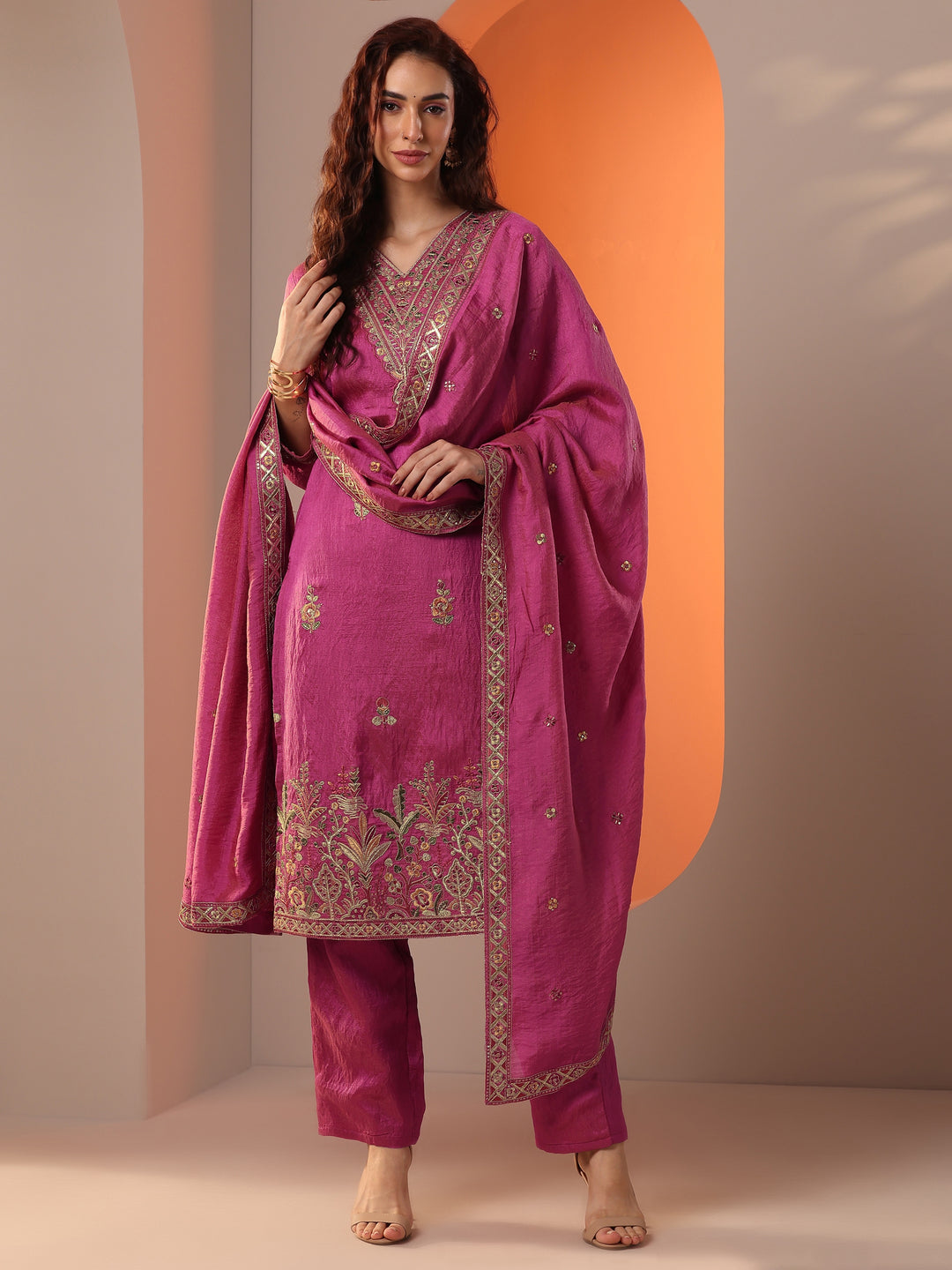Pink Embellished Silk Blend Straight Suit Set With Dupatta