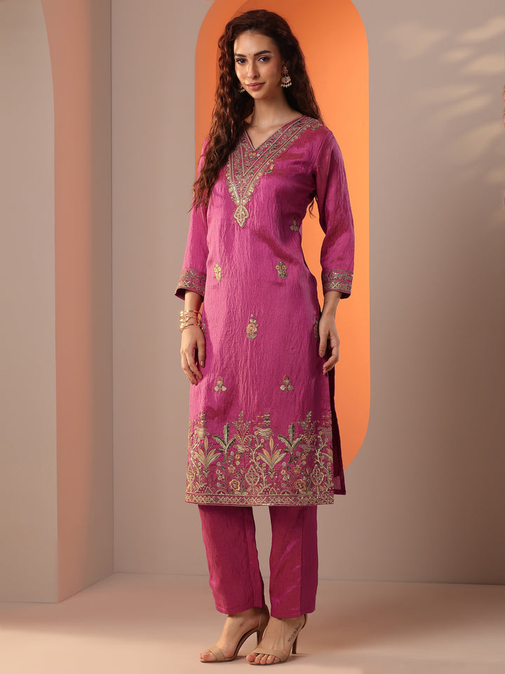 Pink Embellished Silk Blend Straight Suit Set With Dupatta