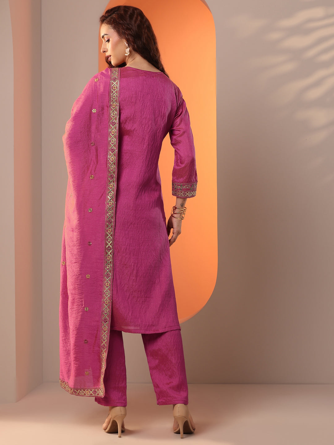 Pink Embellished Silk Blend Straight Suit Set With Dupatta