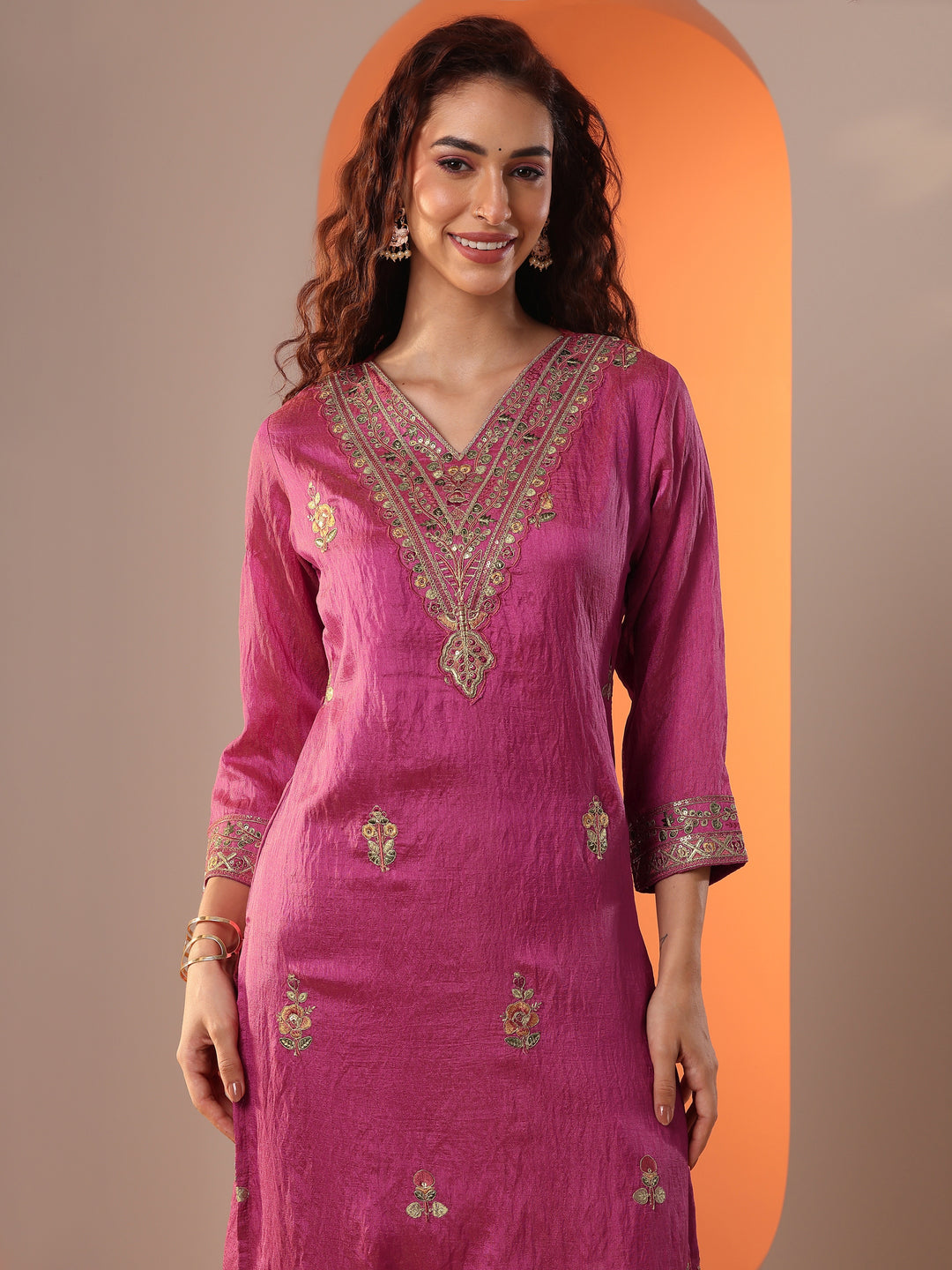 Pink Embellished Silk Blend Straight Suit Set With Dupatta