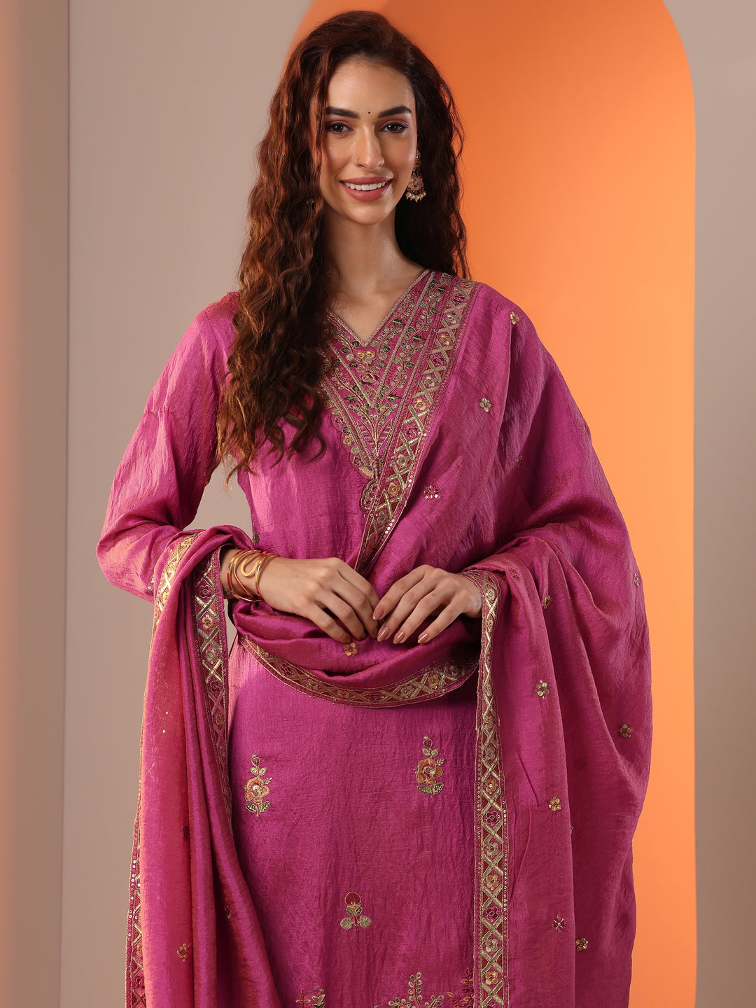 Pink Embellished Silk Blend Straight Suit Set With Dupatta