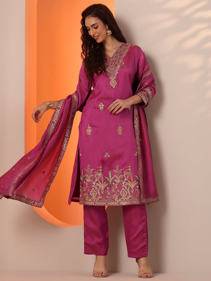 Pink Embellished Silk Blend Straight Suit Set With Dupatta