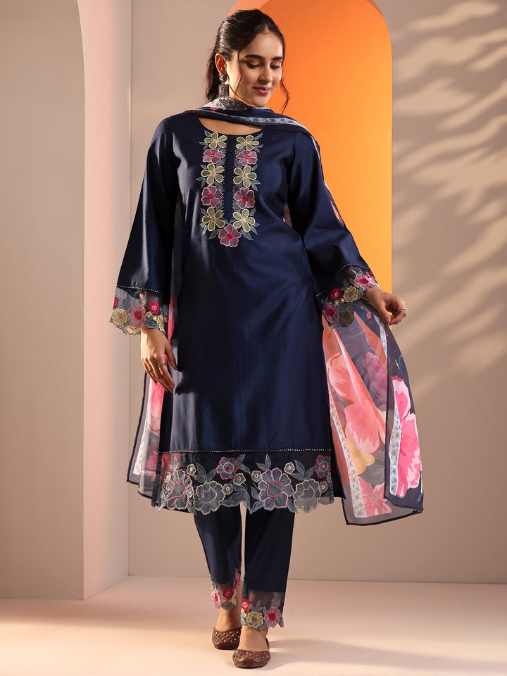 Navy Blue Embroidered Silk Blend Straight Suit Set With Dupatta