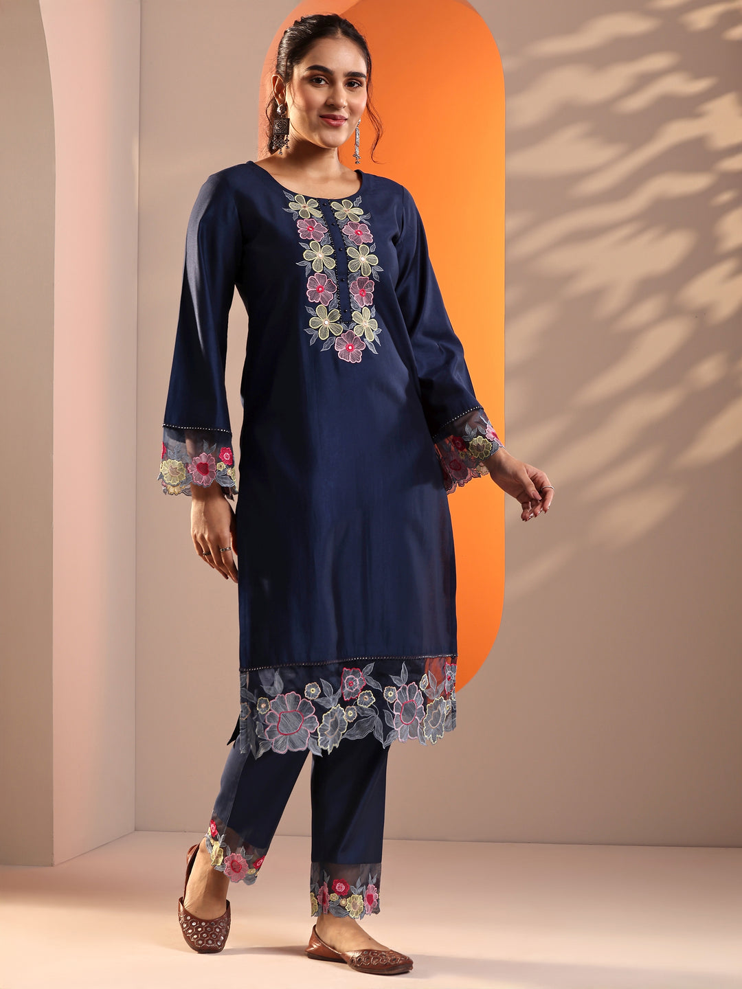 Navy Blue Embroidered Silk Blend Straight Suit Set With Dupatta