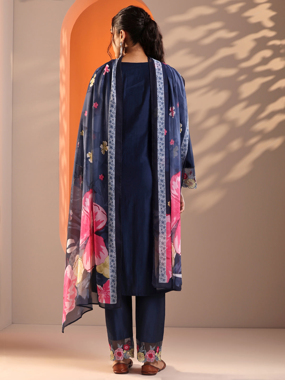 Navy Blue Embroidered Silk Blend Straight Suit Set With Dupatta