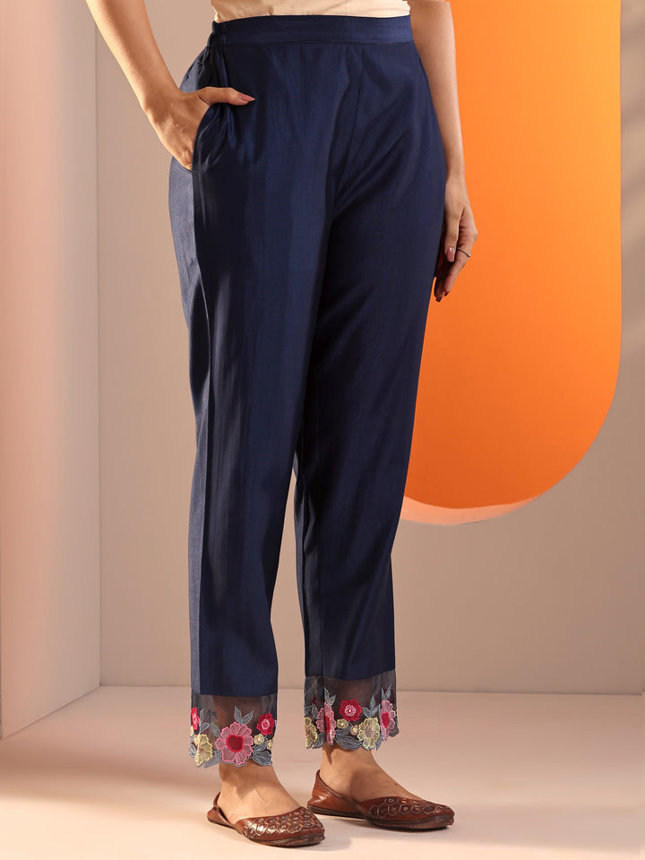 Navy Blue Embroidered Silk Blend Straight Suit Set With Dupatta