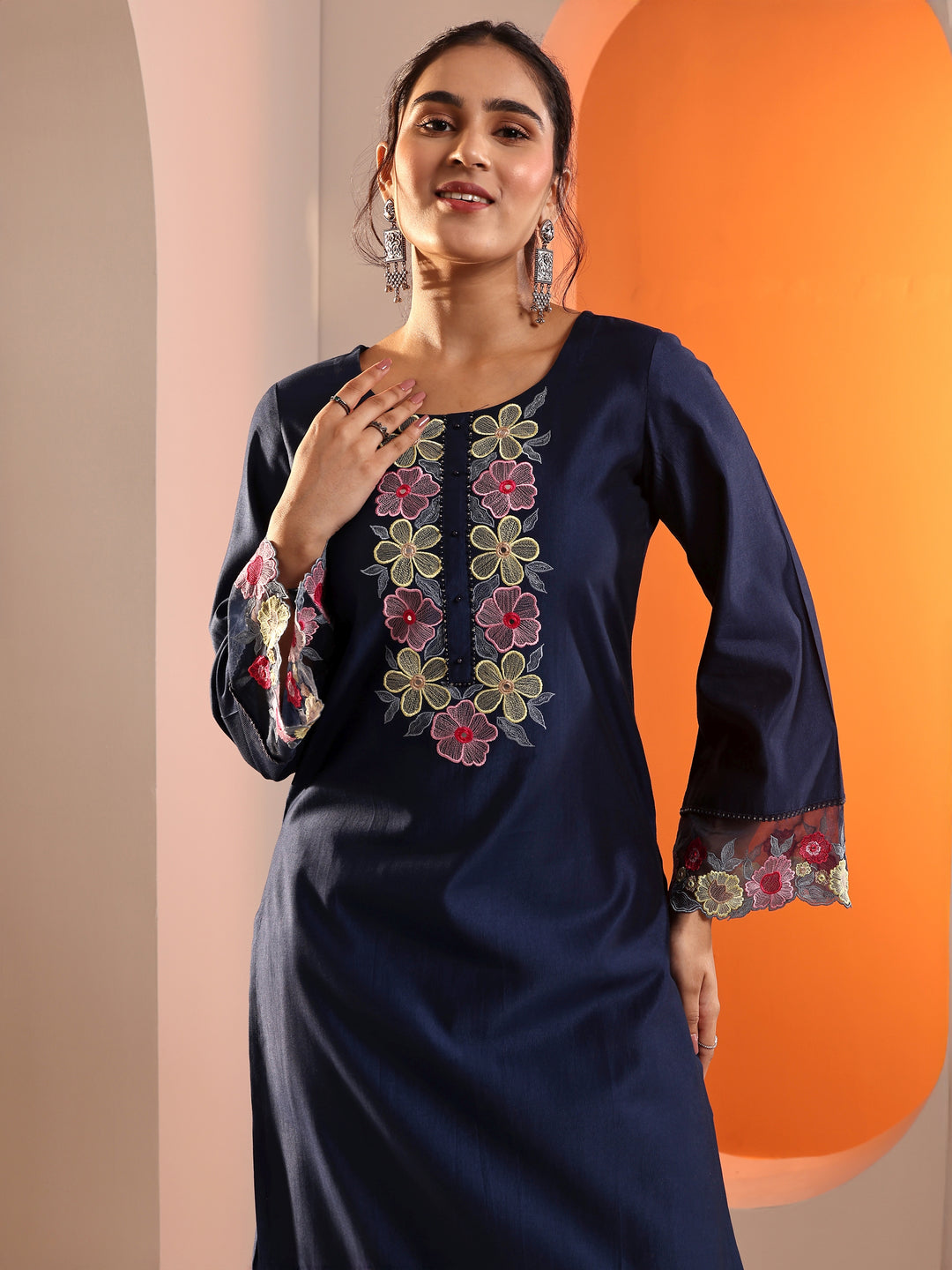 Navy Blue Embroidered Silk Blend Straight Suit Set With Dupatta