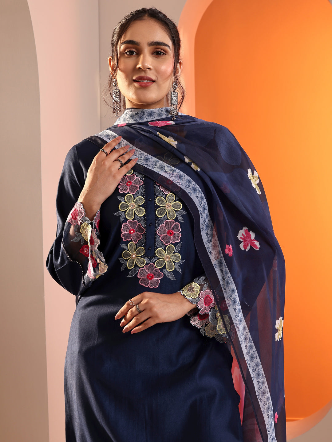 Navy Blue Embroidered Silk Blend Straight Suit Set With Dupatta